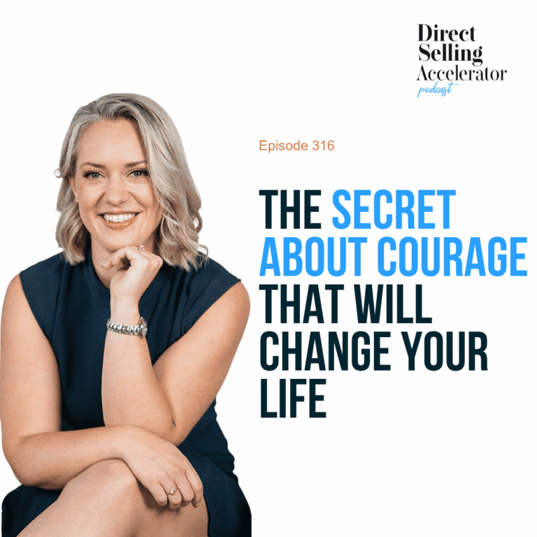 Smiling woman promoting courage podcast episode