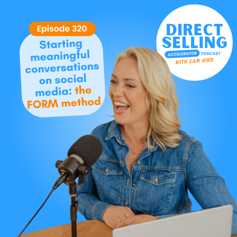 Podcast host speaking into microphone, Episode 320 graphic