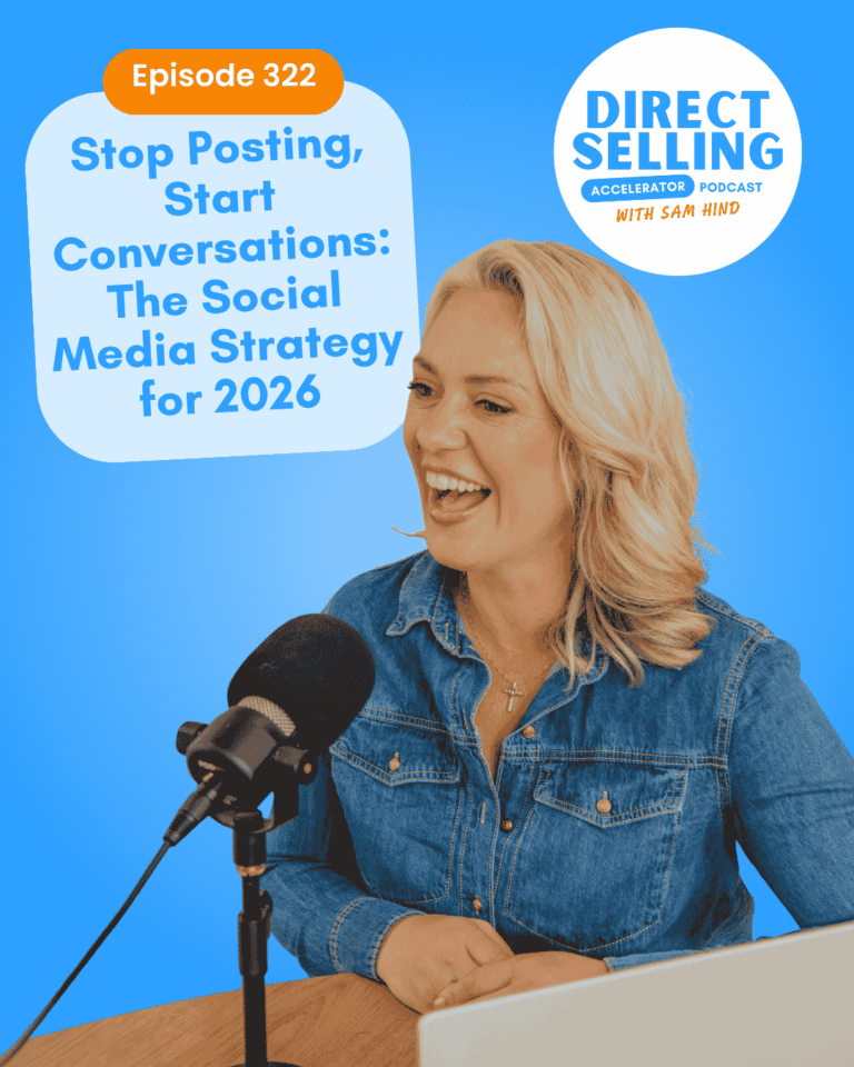 Podcast host speaking into microphone with episode title graphic