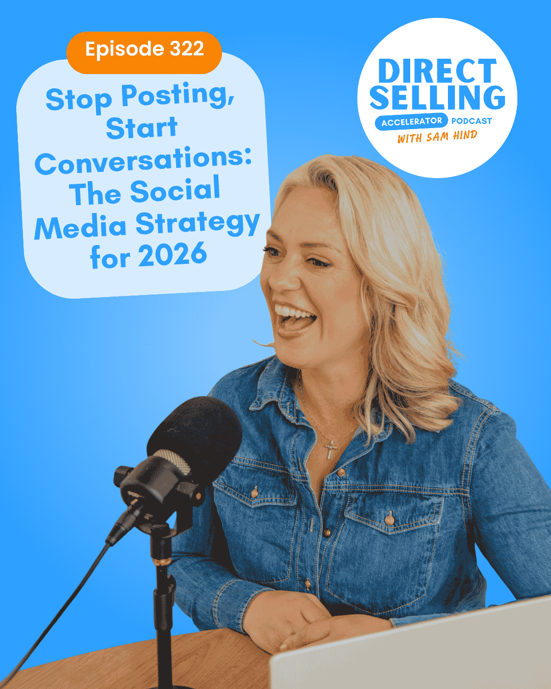 Podcast host speaking into microphone with episode title graphic