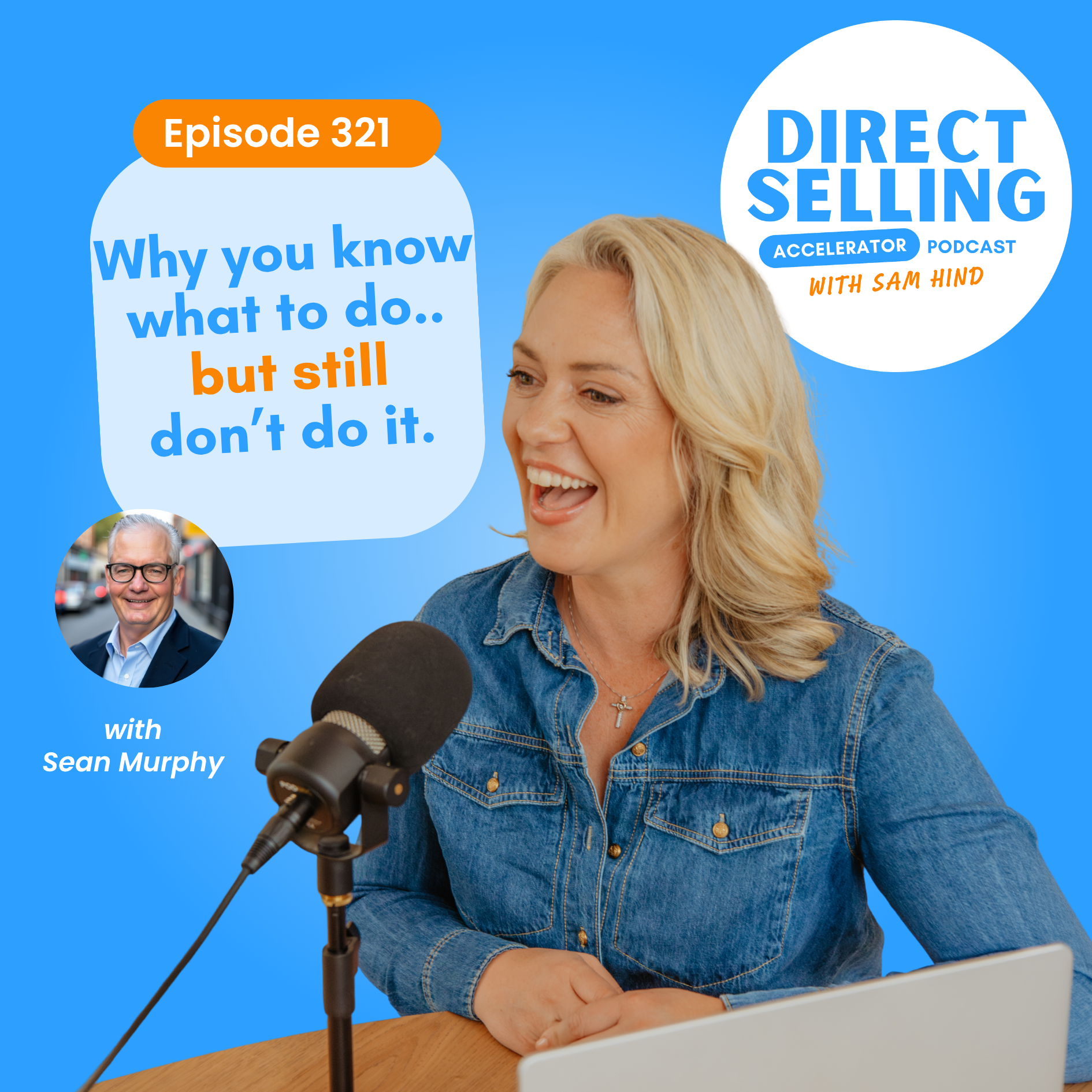 Podcast host speaking into microphone with episode title graphic