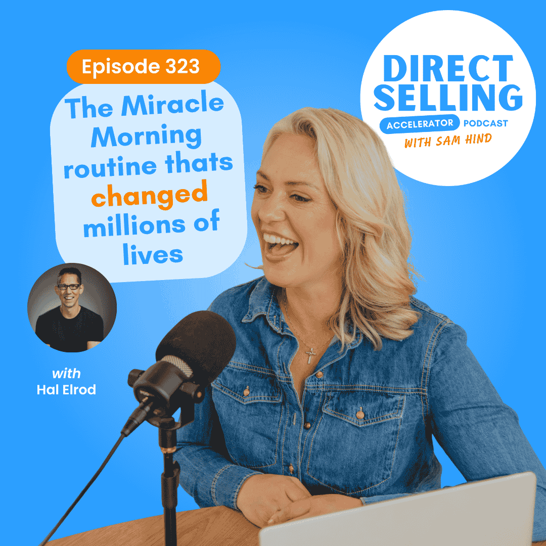 Podcast host speaking into microphone with episode title